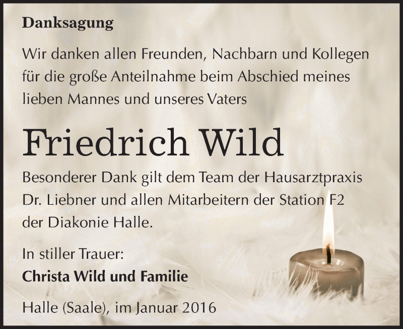  Traueranzeige für Friedrich Wild vom 16.01.2016 aus Mitteldeutsche Zeitung Halle/Saalkreis