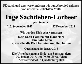 Traueranzeige von Inge Sachtleben-Lorbeer von WVG - Wochenspiegel Quedlinburg