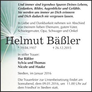 Traueranzeige von Helmut Bäßler von Wochenspiegel Mansfelder Land