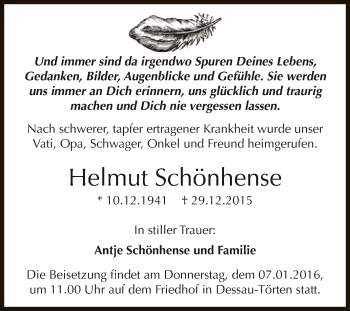 Traueranzeige von Helmut Schönhense von WVG - Wochenspiegel Dessau / Köthen