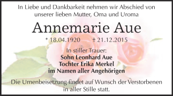 Traueranzeige von Annemarie Aue von WVG - Wochenspiegel Merseburg
