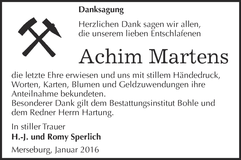  Traueranzeige für Achim Martens vom 09.01.2016 aus Super Sonntag Merseburg