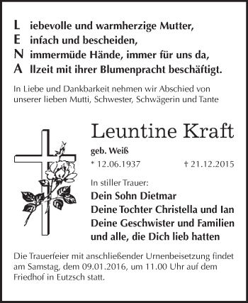 Traueranzeige von Leuntine Kraft von WVG - Wochenspiegel Wittenberg