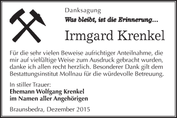 Traueranzeige von Irmgard Krenkel von Super Sonntag Merseburg