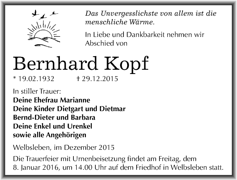  Traueranzeige für Bernhard Kopf vom 04.01.2016 aus Mitteldeutsche Zeitung Mansfelder Land