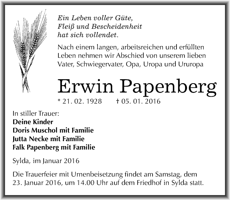  Traueranzeige für Erwin Papenberg vom 09.01.2016 aus Mitteldeutsche Zeitung Mansfelder Land