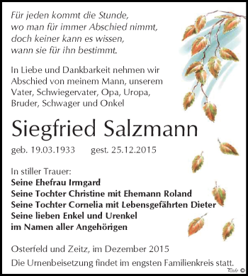 Traueranzeige von Siegfried Salzmann von Super Sonntag Zeitz