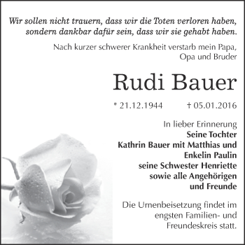 Traueranzeige von Rudi Bauer von WVG - Wochenspiegel Dessau / Köthen