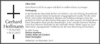 Traueranzeige von Gerhard Hoffmann von WVG - Wochenspiegel Dessau / Köthen
