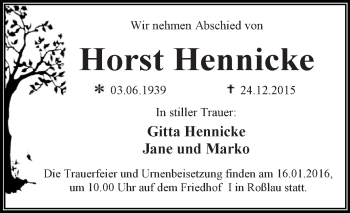 Traueranzeige von Horst Hennicke von WVG - Wochenspiegel Dessau / Köthen