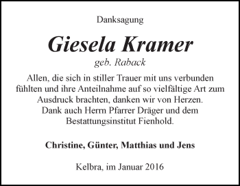 Traueranzeige von Giesela Kramer von Super Sonntag SGH Mansf. Land