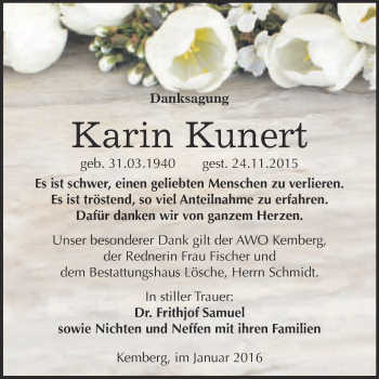 Traueranzeige von Karin Kunert von WVG - Wochenspiegel Wittenberg