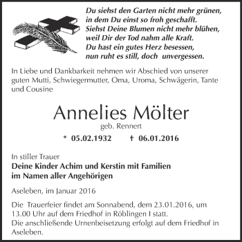 Traueranzeige von Annelies Mölter von Wochenspiegel Mansfelder Land