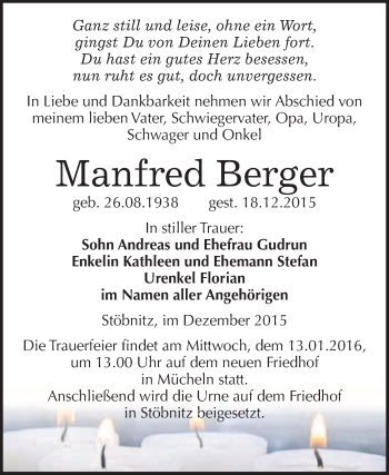 Traueranzeige von Manfred Berger von WVG - Wochenspiegel Merseburg