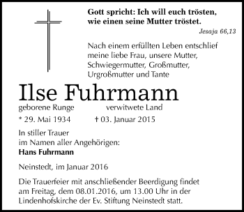 Traueranzeige von Ilse Fuhrmann von Mitteldeutsche Zeitung Quedlinburg