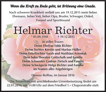 Traueranzeige von Helmar Richter von Mitteldeutsche Zeitung Dessau-Roßlau