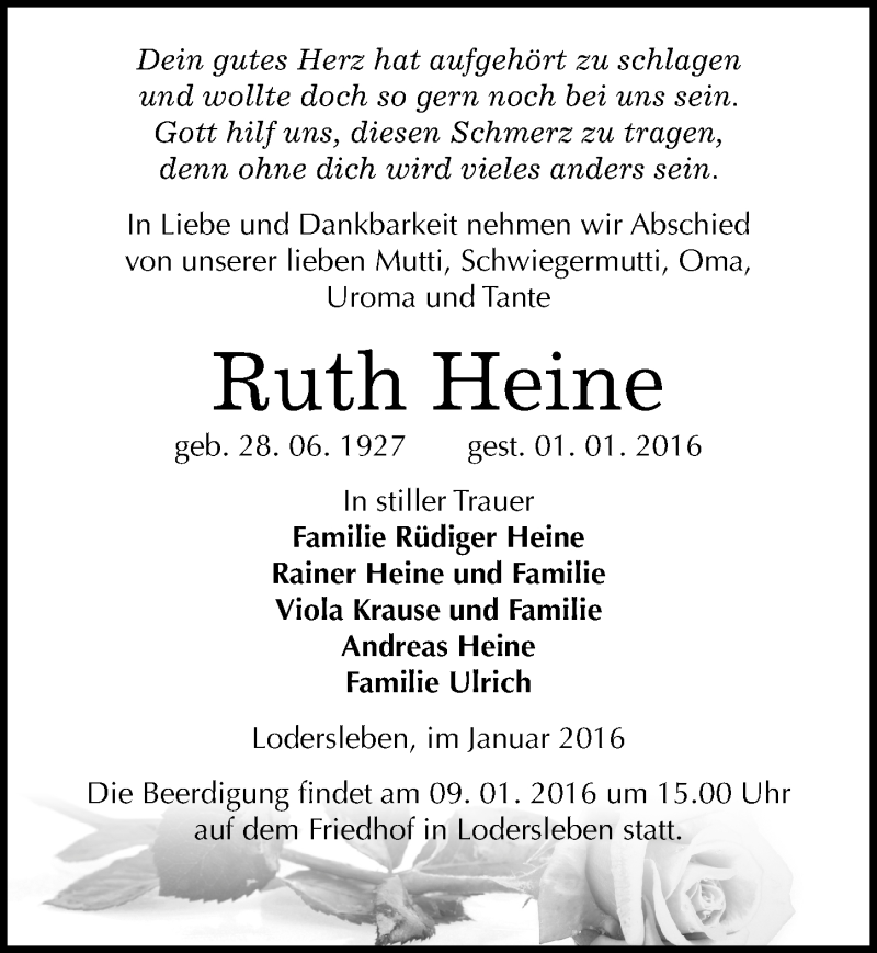  Traueranzeige für Ruth Heine vom 05.01.2016 aus Mitteldeutsche Zeitung Merseburg/Querfurt