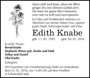 Traueranzeige von Edith Knabe von Mitteldeutsche Zeitung Naumburg/Nebra