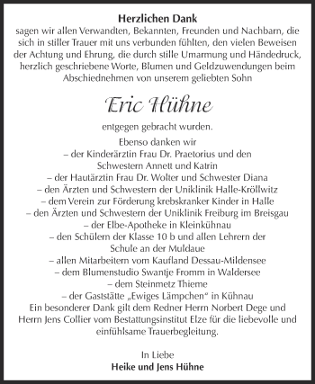 Traueranzeige von Eric Hühne von WVG - Wochenspiegel Dessau / Köthen