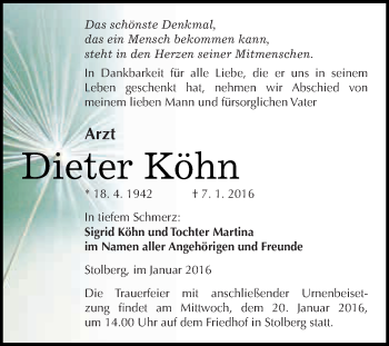 Traueranzeige von Dieter Köhn von Super Sonntag SGH Mansf. Land