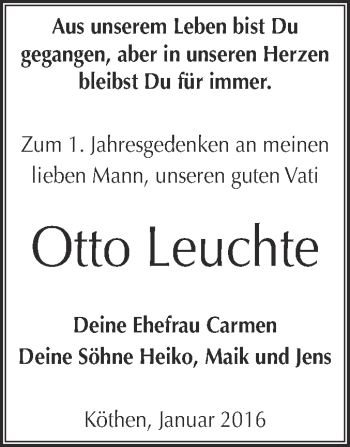 Traueranzeige von Otto Leuchte von WVG - Wochenspiegel Dessau / Köthen