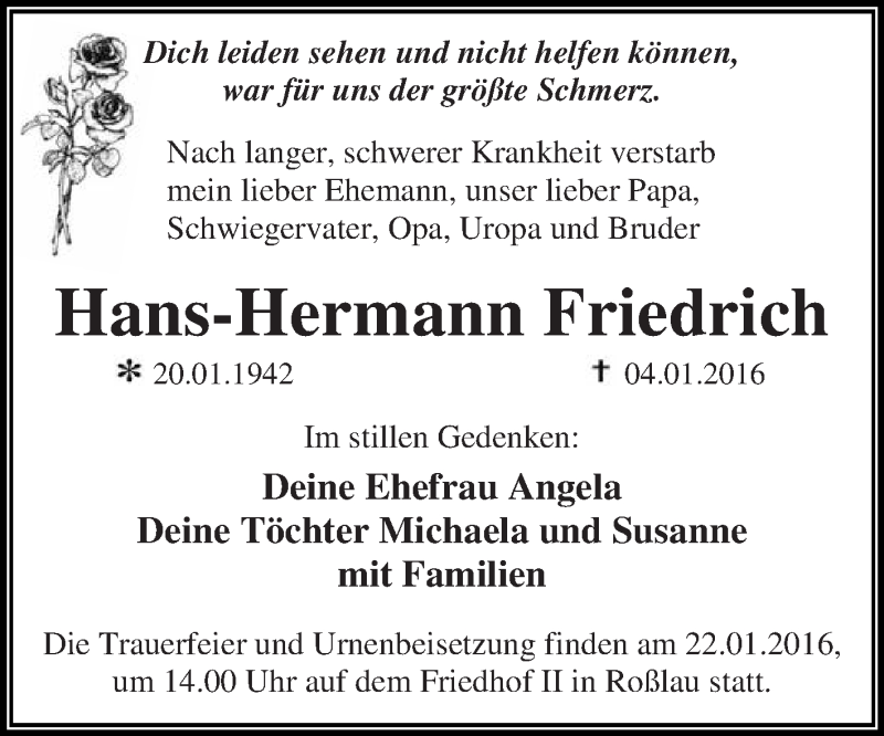  Traueranzeige für Hans-Hermann Friedrich vom 09.01.2016 aus WVG - Wochenspiegel Dessau / Köthen