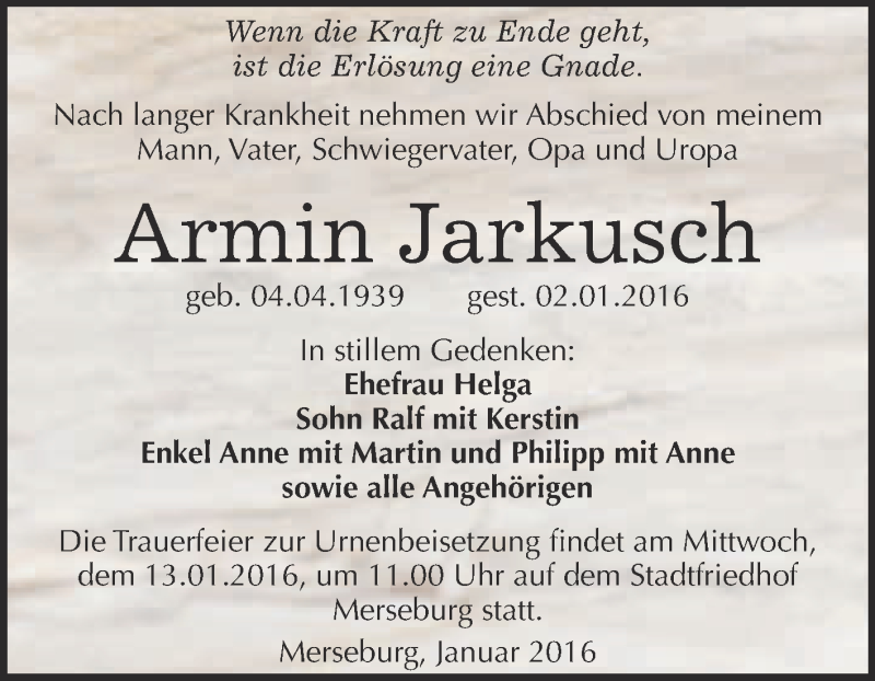  Traueranzeige für Armin Jarkusch vom 09.01.2016 aus Super Sonntag Merseburg