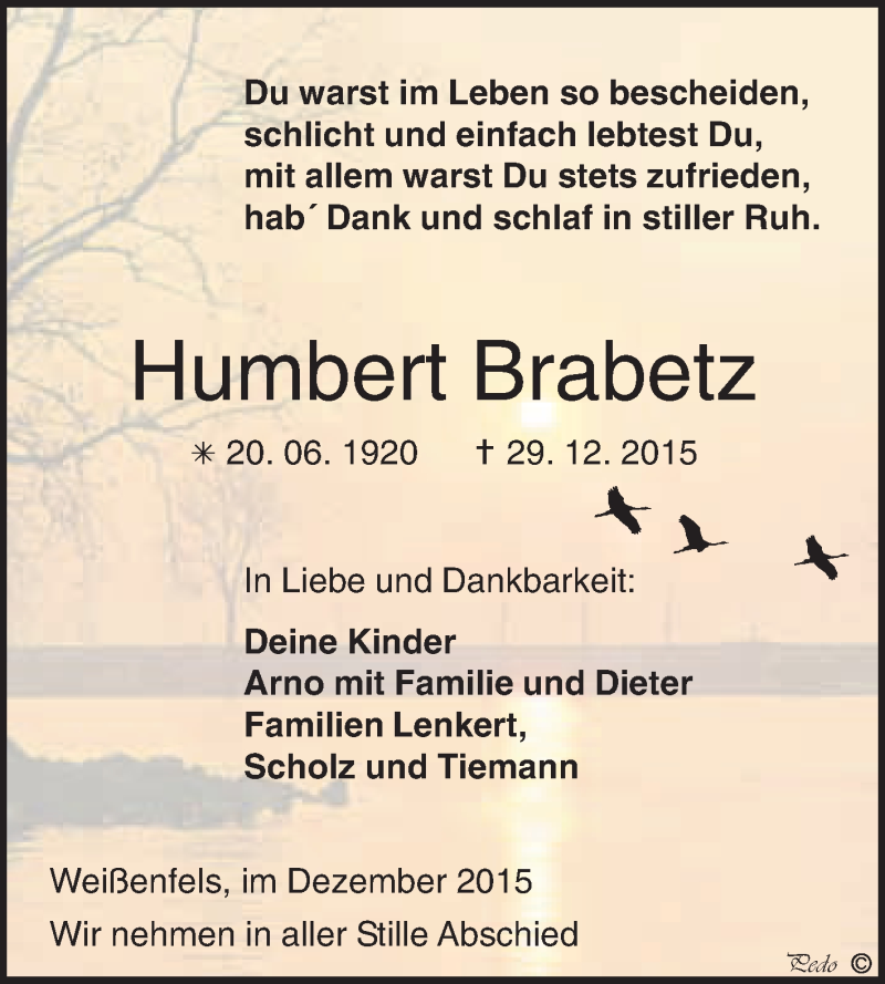  Traueranzeige für Humbert Brabetz vom 06.01.2016 aus WVG - Wochenspiegel NMB / WSF / ZTZ