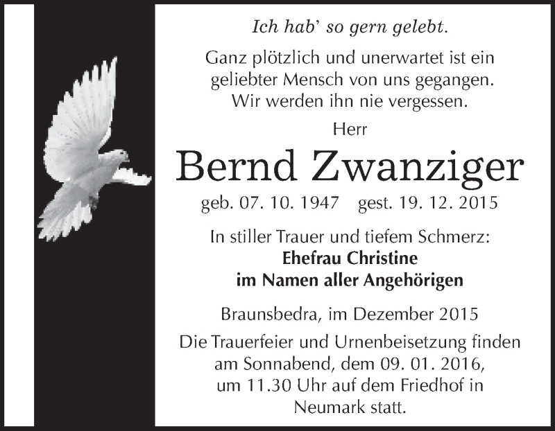  Traueranzeige für Bernd Zwanziger vom 02.01.2016 aus WVG - Wochenspiegel Merseburg