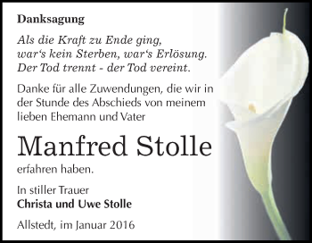 Traueranzeige von Manfred Stolle von Super Sonntag SGH Mansf. Land