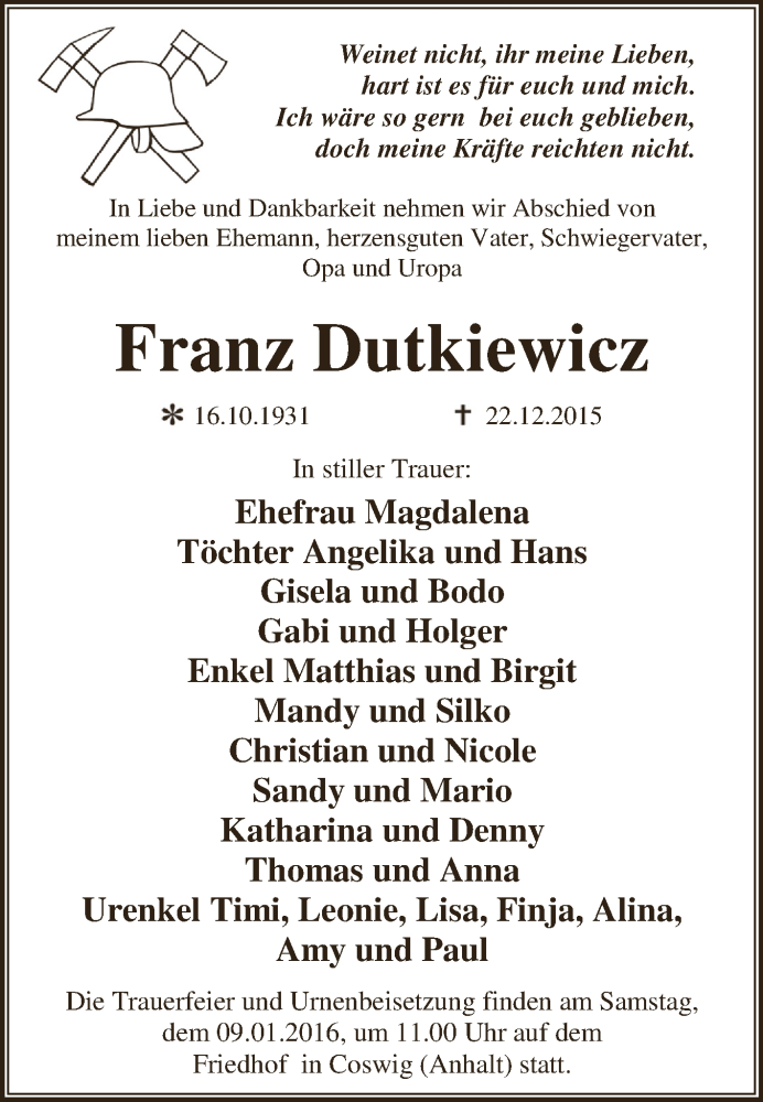  Traueranzeige für Franz Dutkiewicz vom 02.01.2016 aus WVG - Wochenspiegel Dessau / Köthen