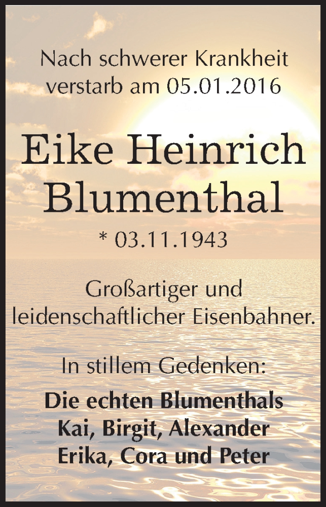  Traueranzeige für Eike Heinrich Blumenthal vom 13.01.2016 aus Mitteldeutsche Zeitung Halle/Saalkreis