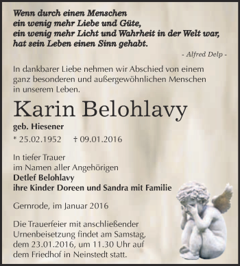 Traueranzeige von Karin Belohlavy von WVG - Wochenspiegel Quedlinburg
