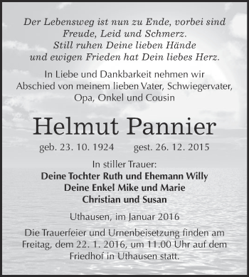 Traueranzeige von Helmut Pannier von WVG - Wochenspiegel Wittenberg