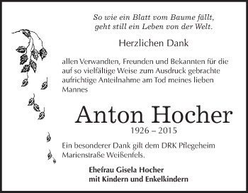 Traueranzeige von Anton Hocher von WVG - Wochenspiegel NMB / WSF / ZTZ