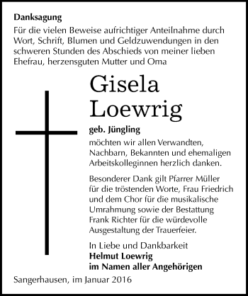 Traueranzeige von Gisela Loewrig von Mitteldeutsche Zeitung Sangerhausen