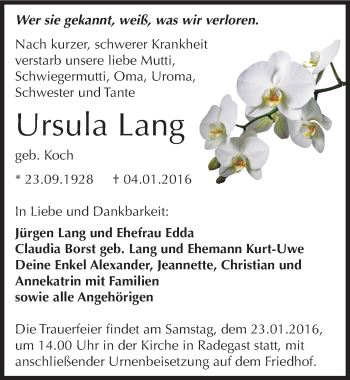 Traueranzeige von Ursula Lang von Mitteldeutsche Zeitung Köthen