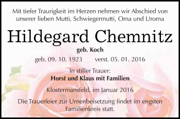 Traueranzeige von Hildegard Chemnitz von Wochenspiegel Mansfelder Land