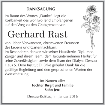 Traueranzeige von Gerhard Rast von WVG - Wochenspiegel Dessau / Köthen