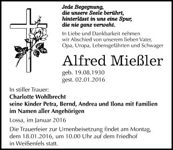 Traueranzeige von Alfred Mießler von Mitteldeutsche Zeitung Weißenfels