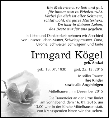 Traueranzeige von Irmgard Kögel von Mitteldeutsche Zeitung Sangerhausen