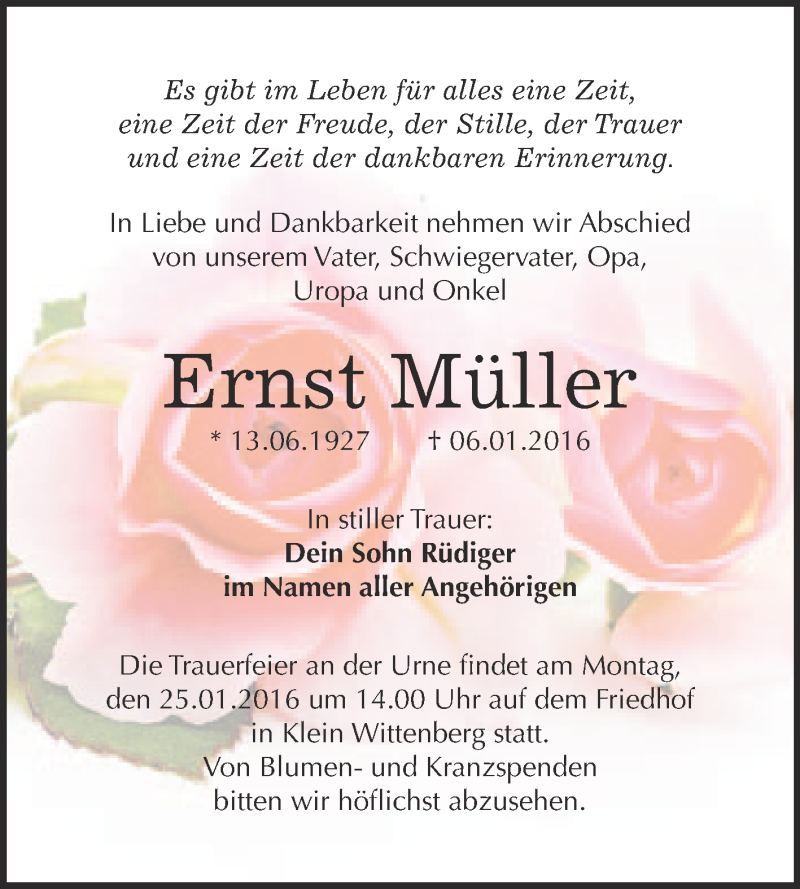  Traueranzeige für Ernst Müller vom 16.01.2016 aus Super Sonntag Wittenberg