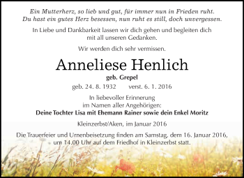 Traueranzeige von Anneliese Henlich von WVG - Wochenspiegel Dessau / Köthen