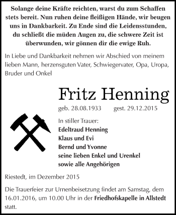Traueranzeige von Fritz Henning von Super Sonntag SGH Mansf. Land