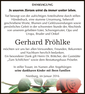 Traueranzeige von Gerhard Fröhlke von Super Sonntag Bernburg