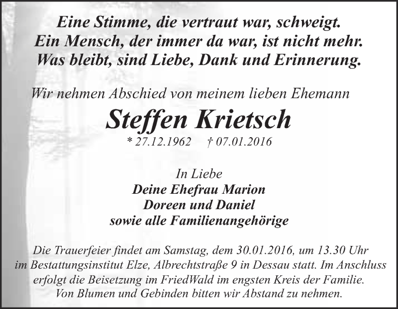  Traueranzeige für Steffen Krietsch vom 16.01.2016 aus WVG - Wochenspiegel Dessau / Köthen