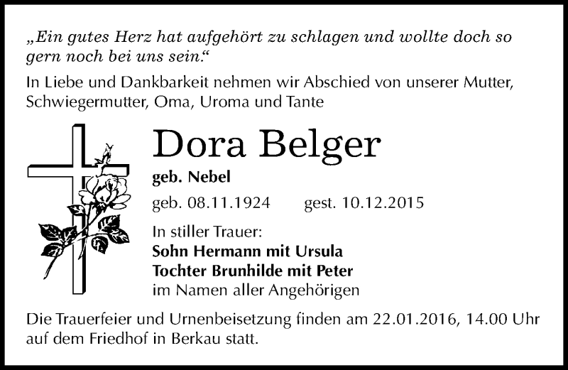  Traueranzeige für Dora Belger vom 09.01.2016 aus Mitteldeutsche Zeitung Wittenberg