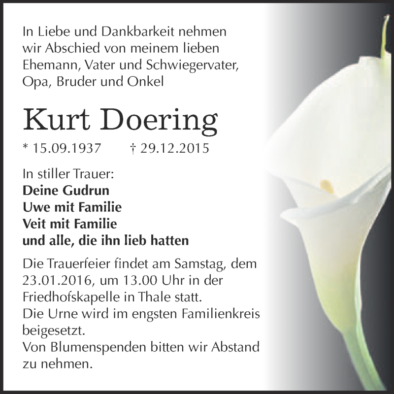  Traueranzeige für Kurt Doering vom 16.01.2016 aus WVG - Wochenspiegel Quedlinburg