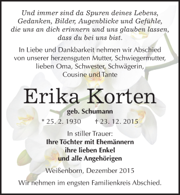 Traueranzeige von Erika Korten von Mitteldeutsche Zeitung Zeitz
