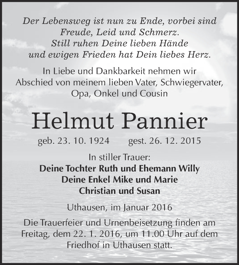  Traueranzeige für Helmut Pannier vom 09.01.2016 aus WVG - Wochenspiegel Wittenberg